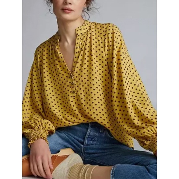 Maeve by Anthropologie Yellow Polka Dot Ruffle Neck V-Neck Blouse Top XLarge - Picture 2 of 10